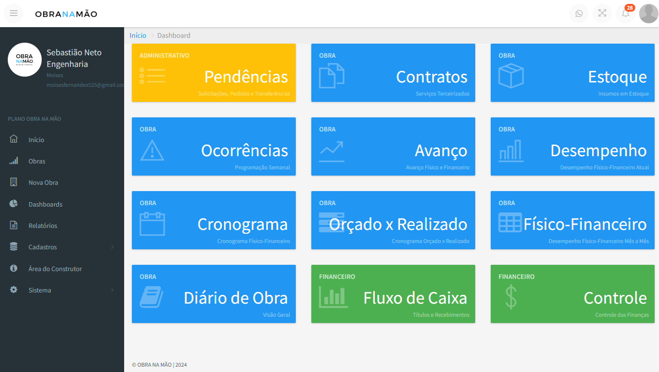 Dashboard do Obra na Mão com pendências, contratos, estoque, ocorrências e financeiro